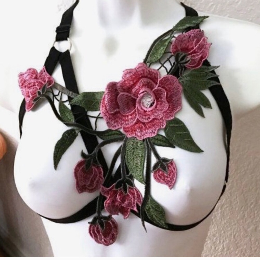 Pink and black floral harness top by Liquid Red
